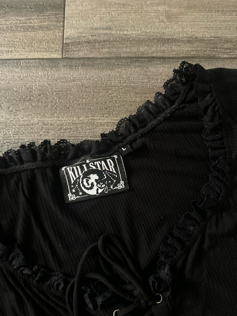 Killstar Black Lace-Up Ruffle Crop Top - Picture 2 of 5